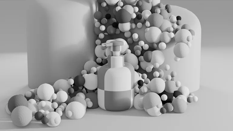 Grayscale bottle scene with pillars and floating particle spheres