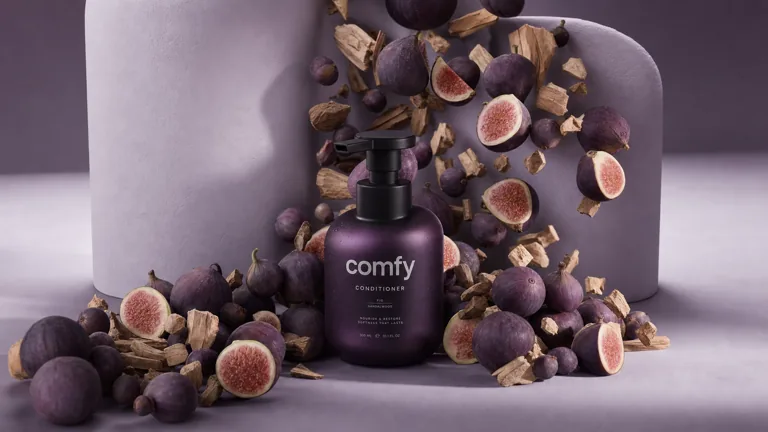 Generated product scene for the purple conditioner bottle
