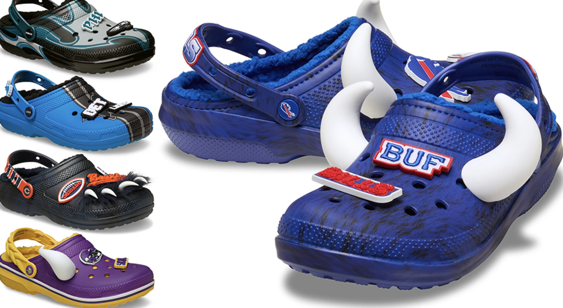 Grid of brand-accurate NFL team Crocs generated via custom LoRAs