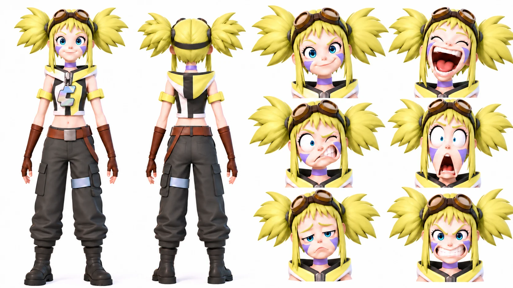 YUI character sheet with front and back views and six facial expressions.