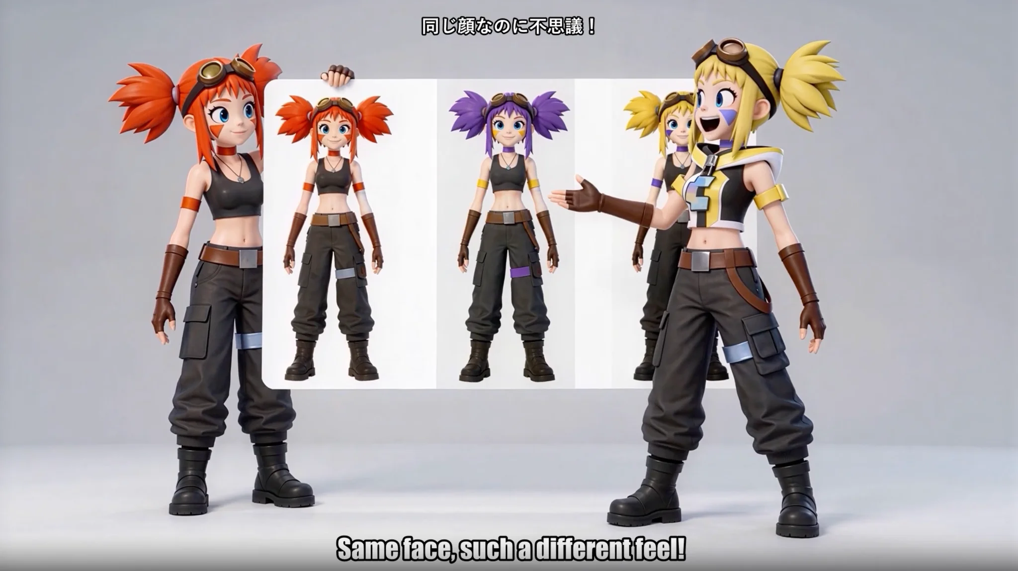 Red-haired HIBANA and yellow-haired YUI present red, purple, and yellow character color variations.