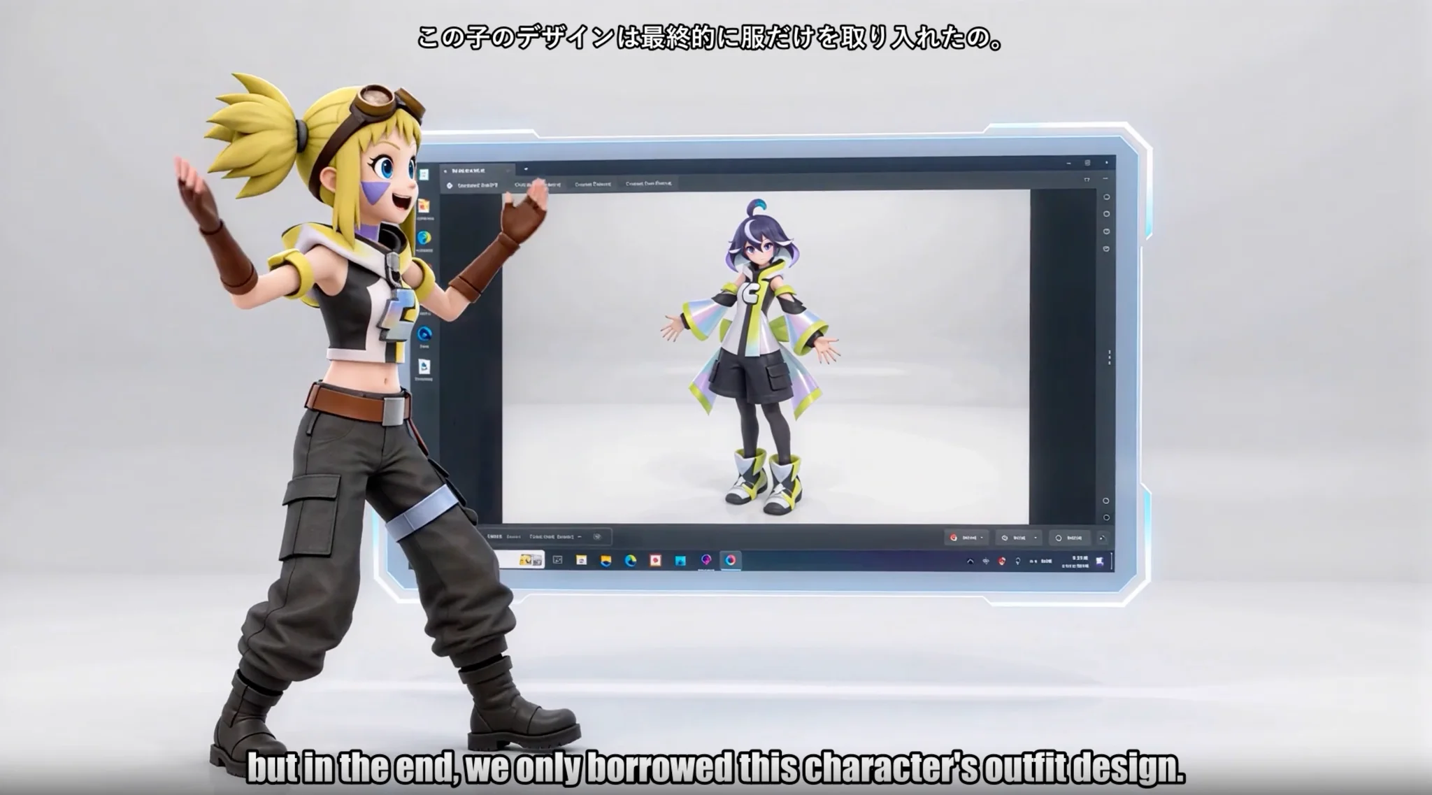 YUI gestures beside a screen showing a purple-haired character in a white, black, and yellow outfit.