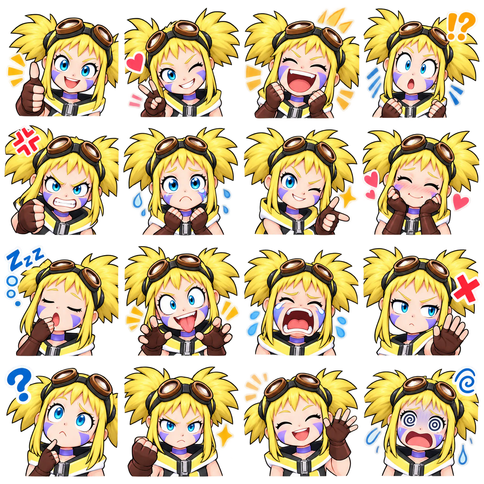 Sixteen YUI stickers in a four-by-four grid show laughter, anger, tears, surprise, and other reactions.
