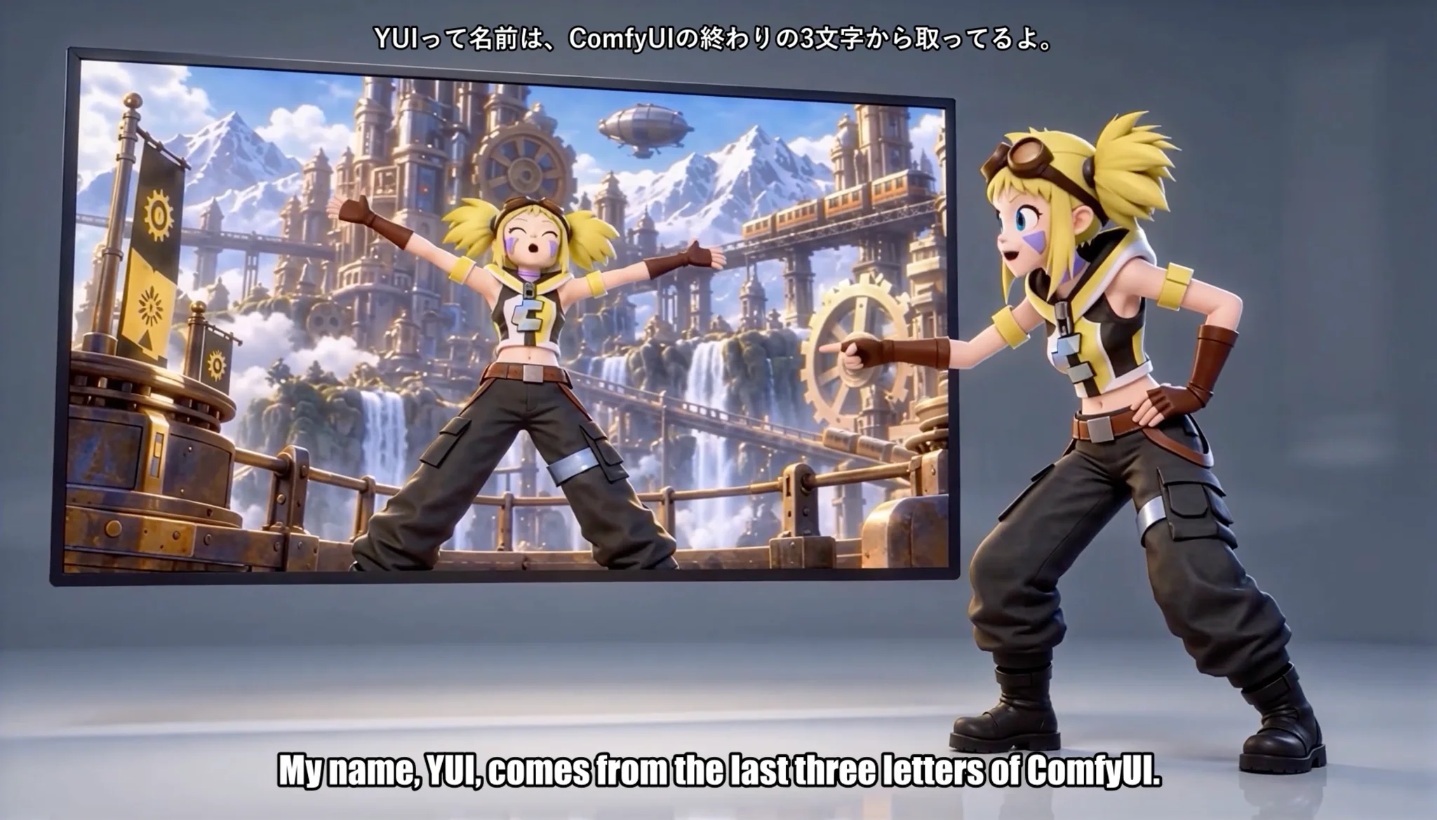 YUI points to a screen showing herself with arms outstretched in a mountain city.