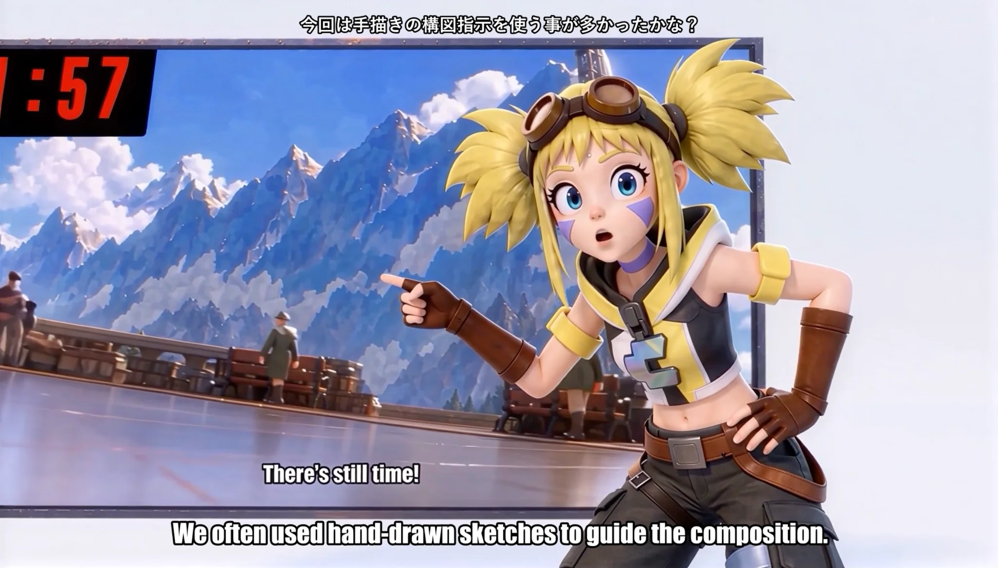 YUI points toward a film frame showing mountains and a red countdown timer.