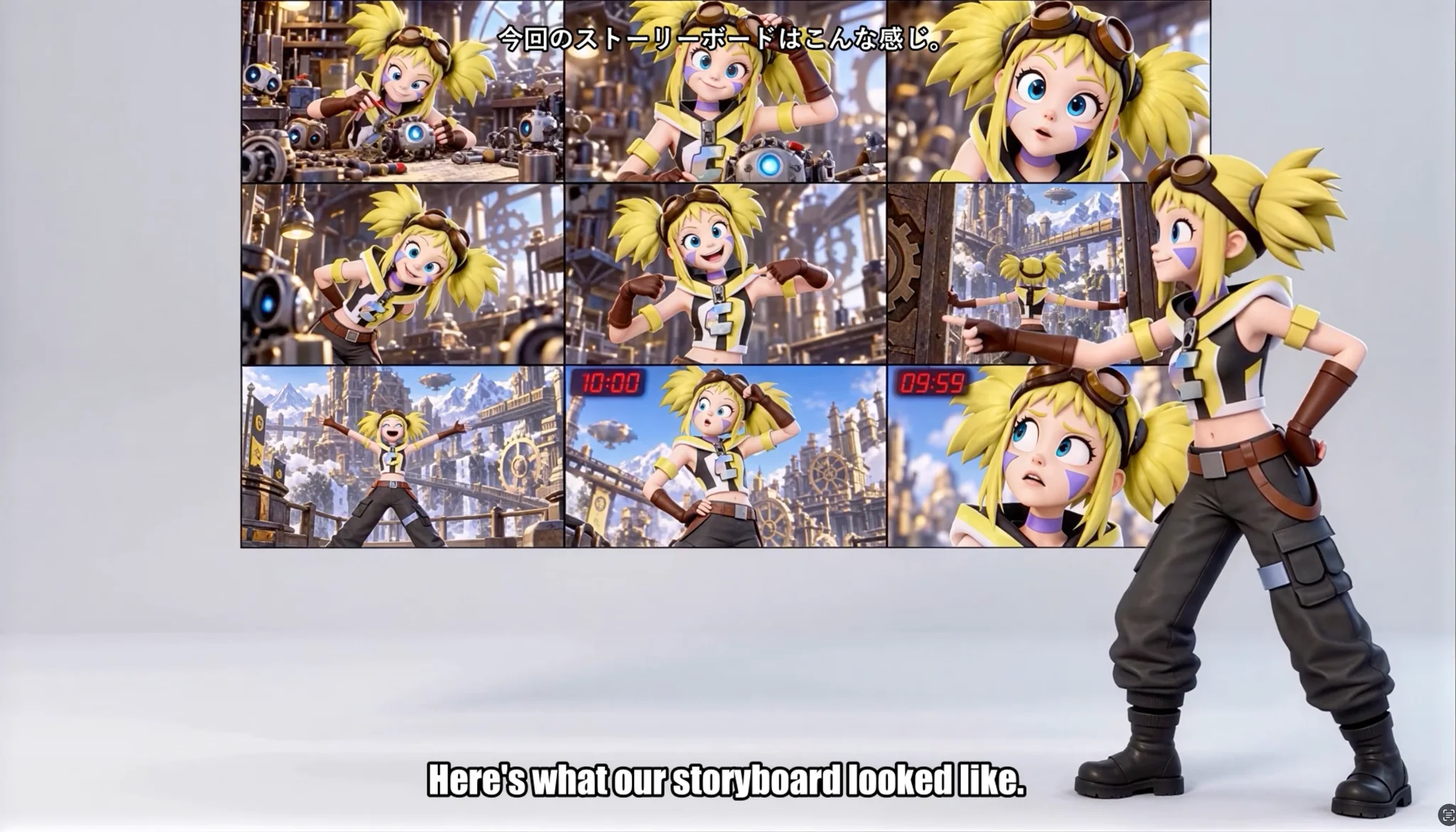 YUI presents a nine-frame storyboard of her workshop, city, and countdown scenes.