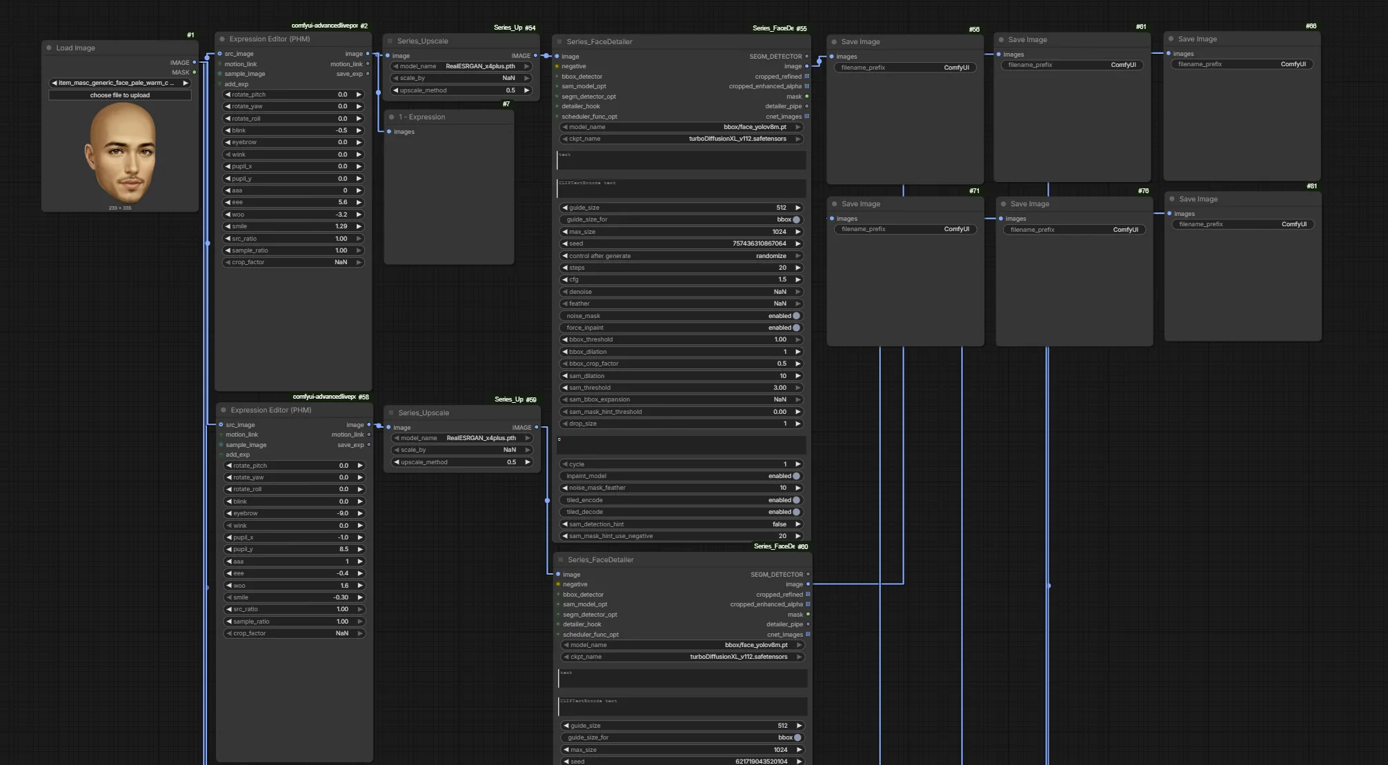 ComfyUI 面部表情操控和放大管线工作流