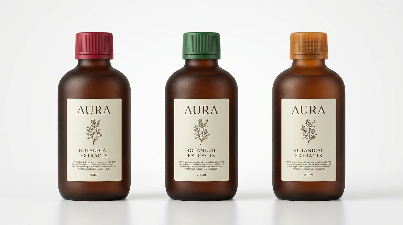 Three amber botanical extract bottles with coloured caps