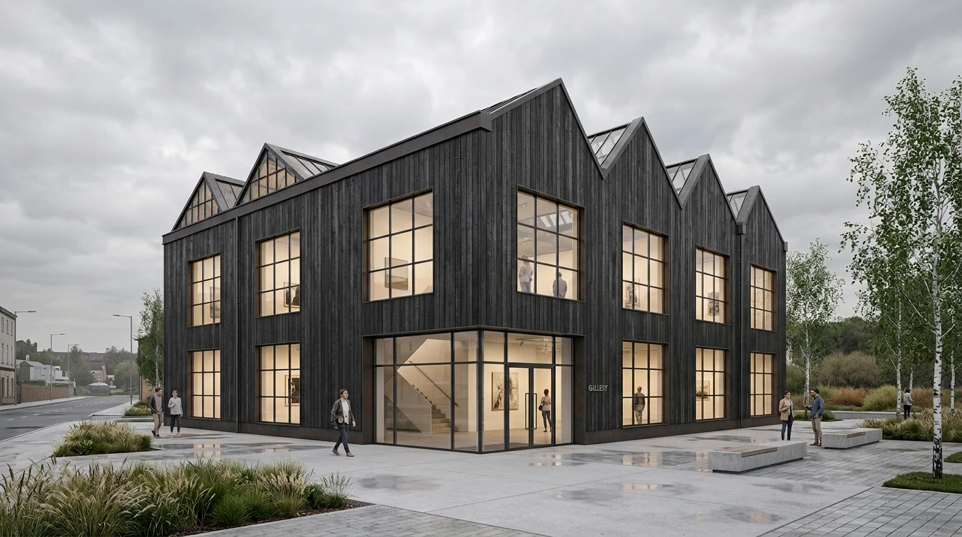 Black timber gallery building under an overcast sky