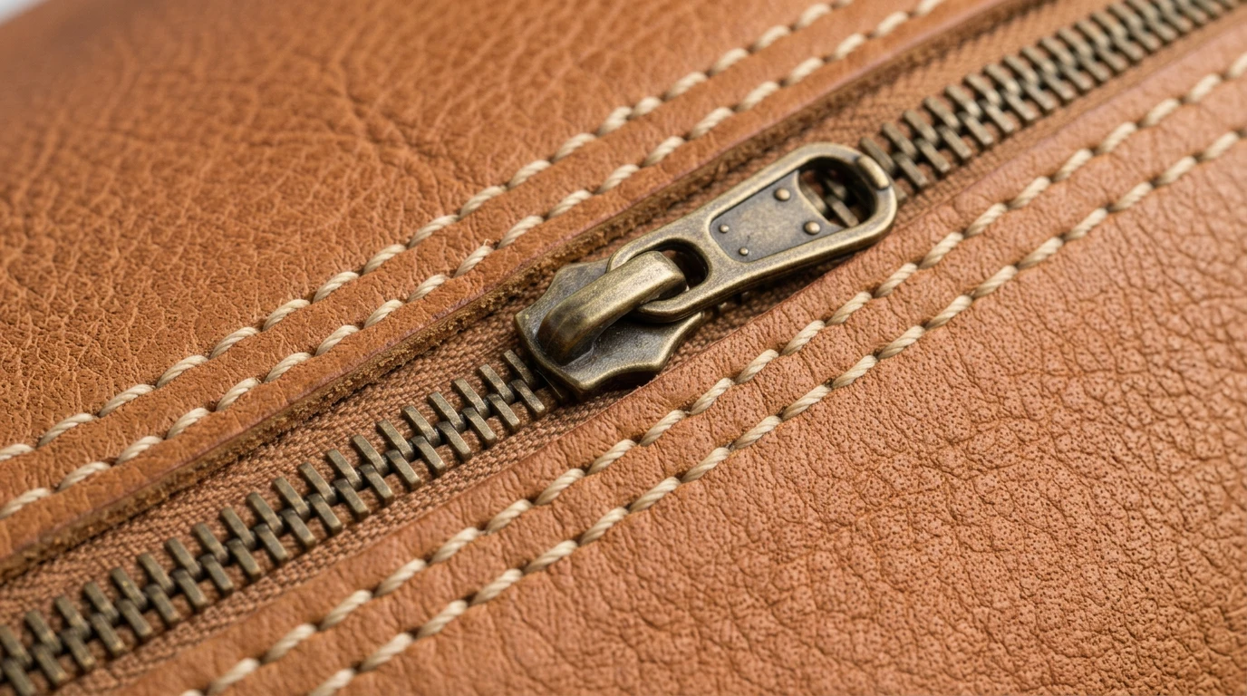 Close-up of a brass zipper on tan leather