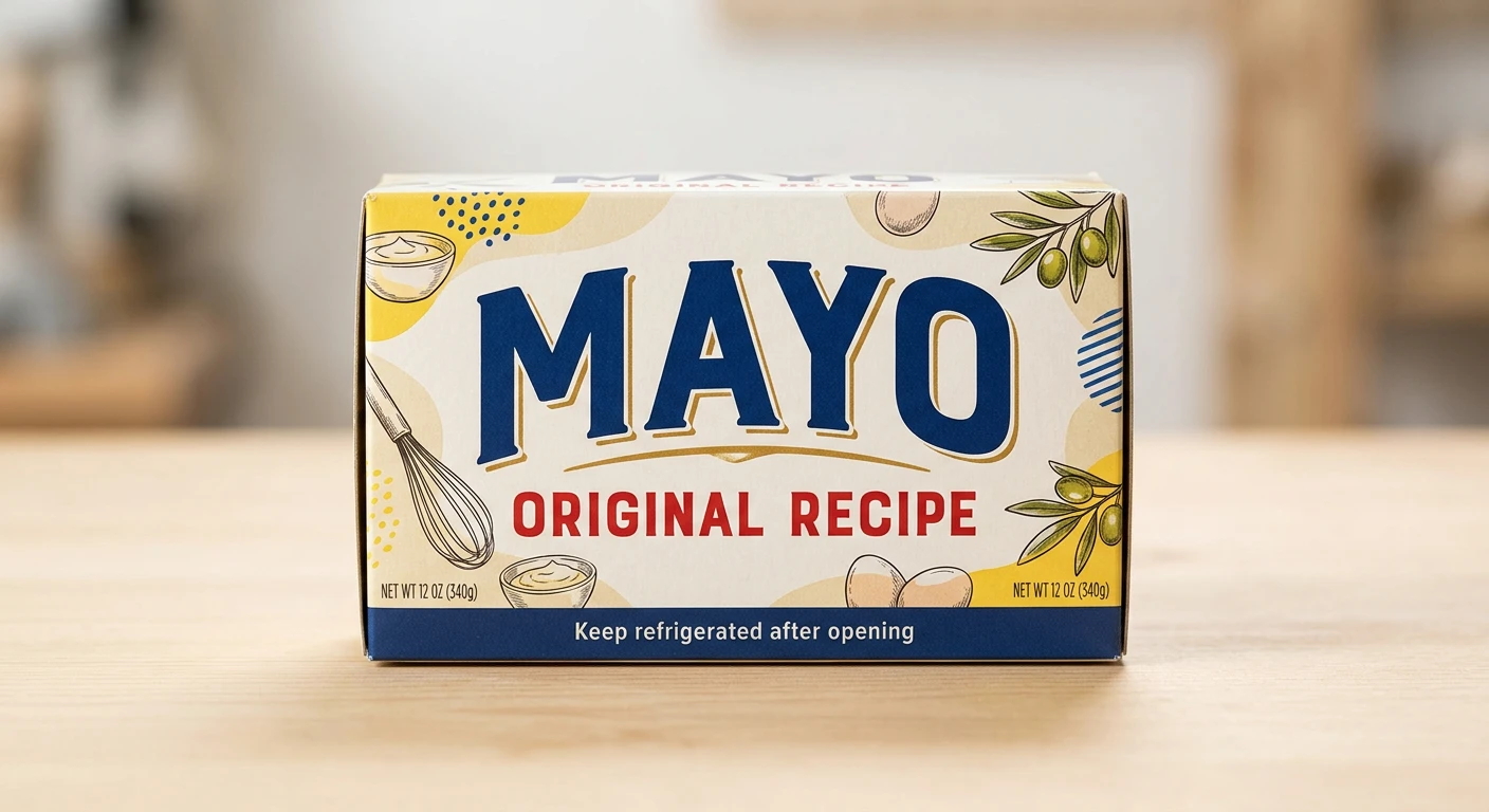 Mayo carton with hand-drawn packaging on a wooden counter