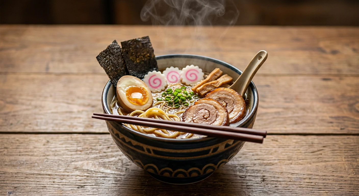 Steaming bowl of ramen with chopsticks on a wooden table