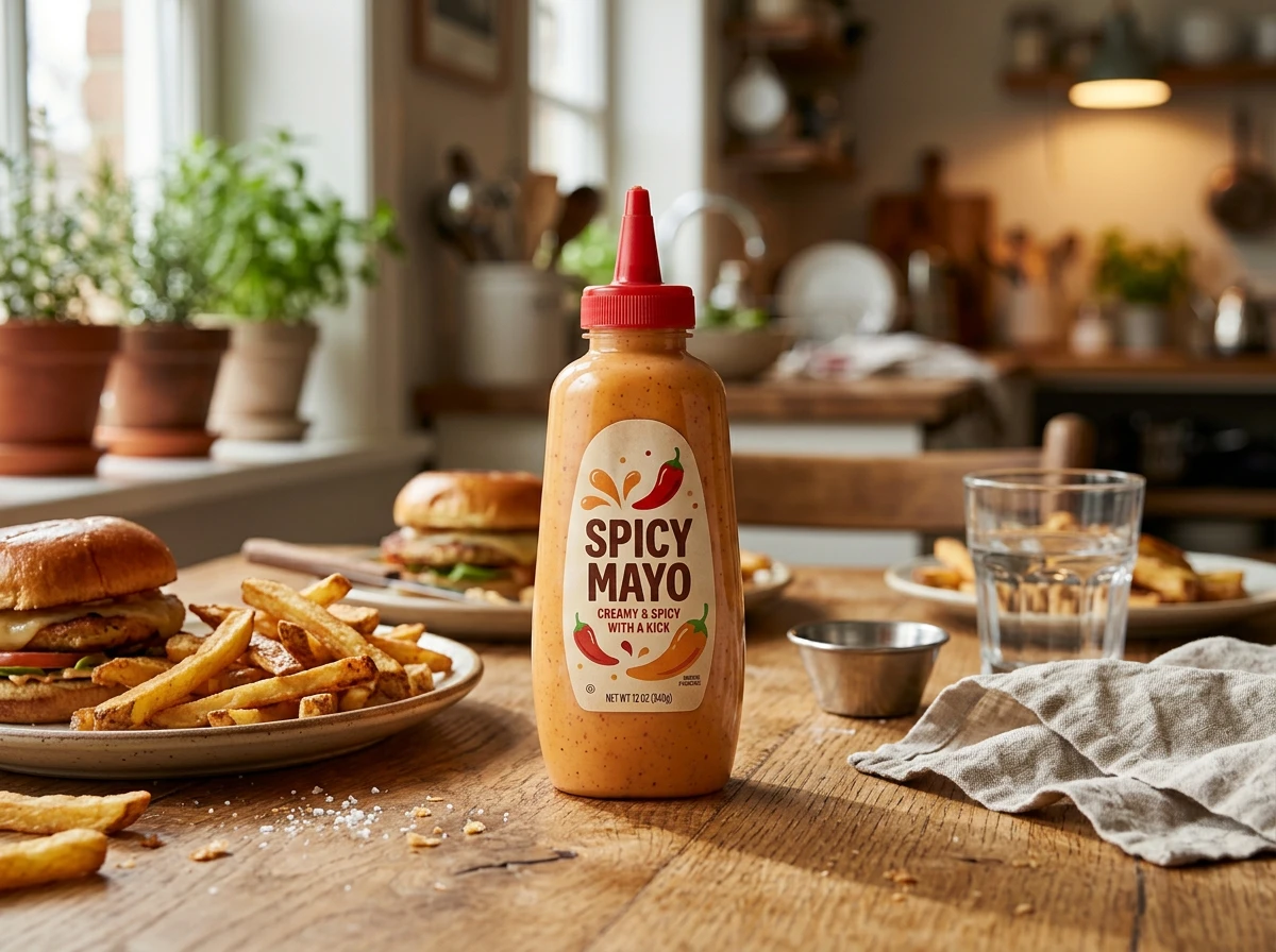 Spicy mayo squeeze bottle on a kitchen table with burgers and fries