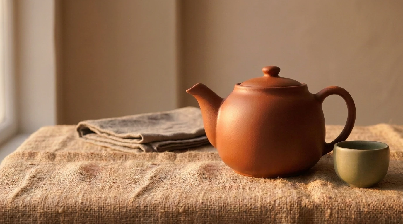 Terracotta teapot and cup on burlap in window light