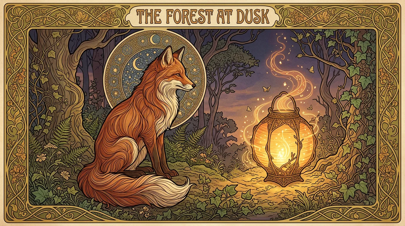 Fox and lantern as an art nouveau poster