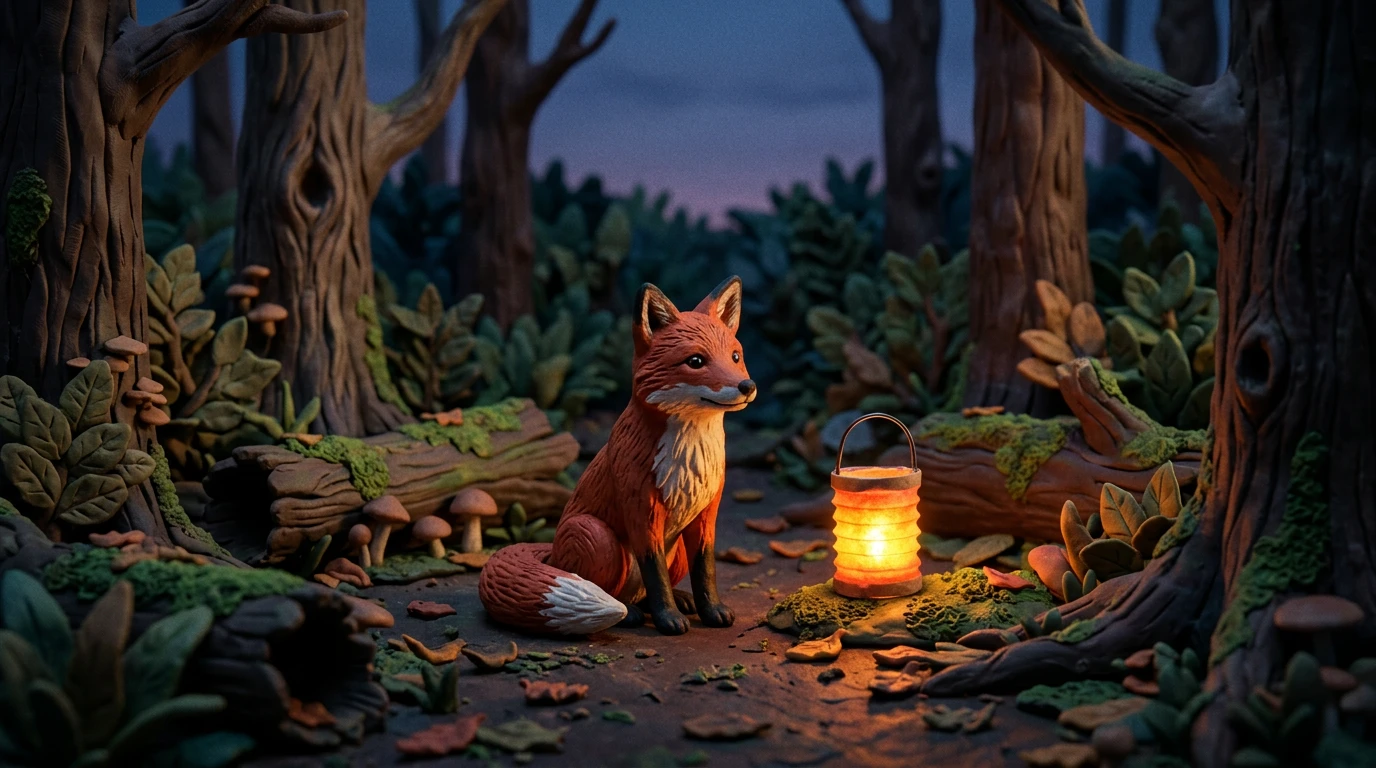 Fox and lantern as a claymation forest scene
