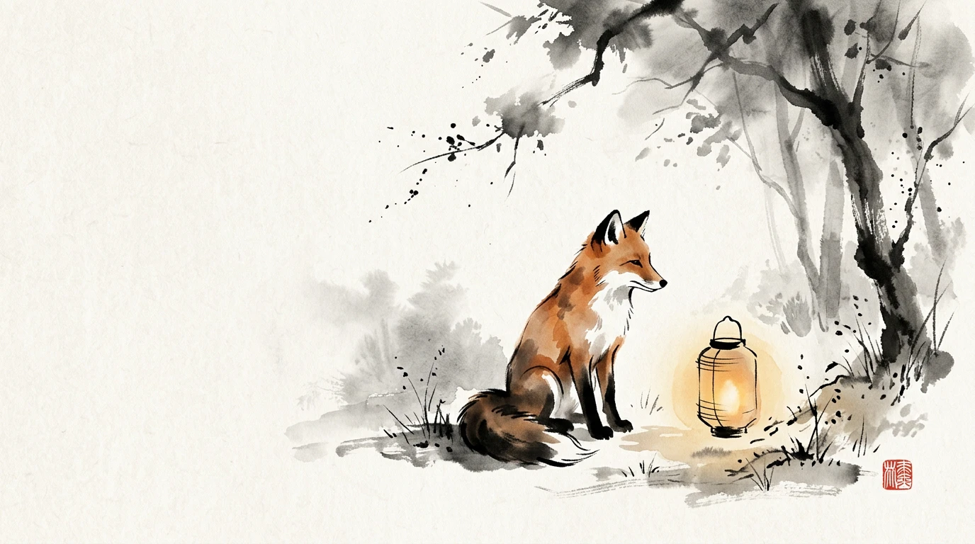 Fox and lantern as an ink wash painting