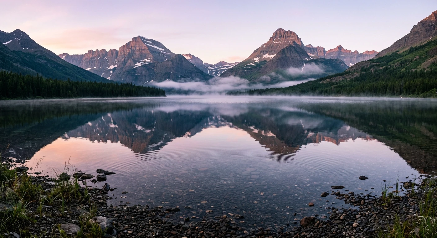 Mountain lake at dawn as a photograph