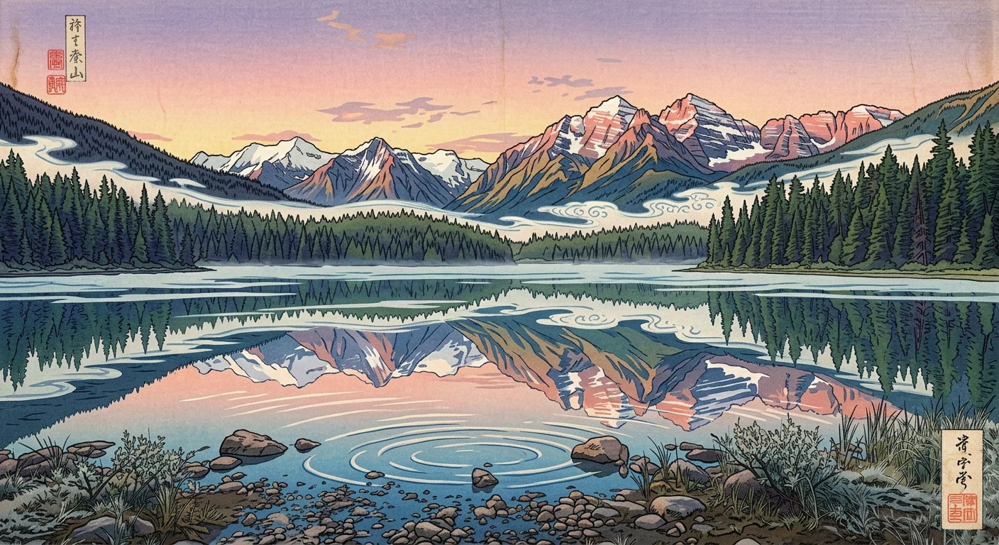 Mountain lake at dawn as a woodblock print
