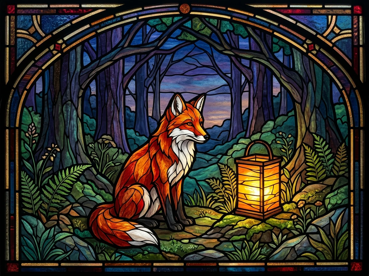 Fox and lantern as a stained glass window