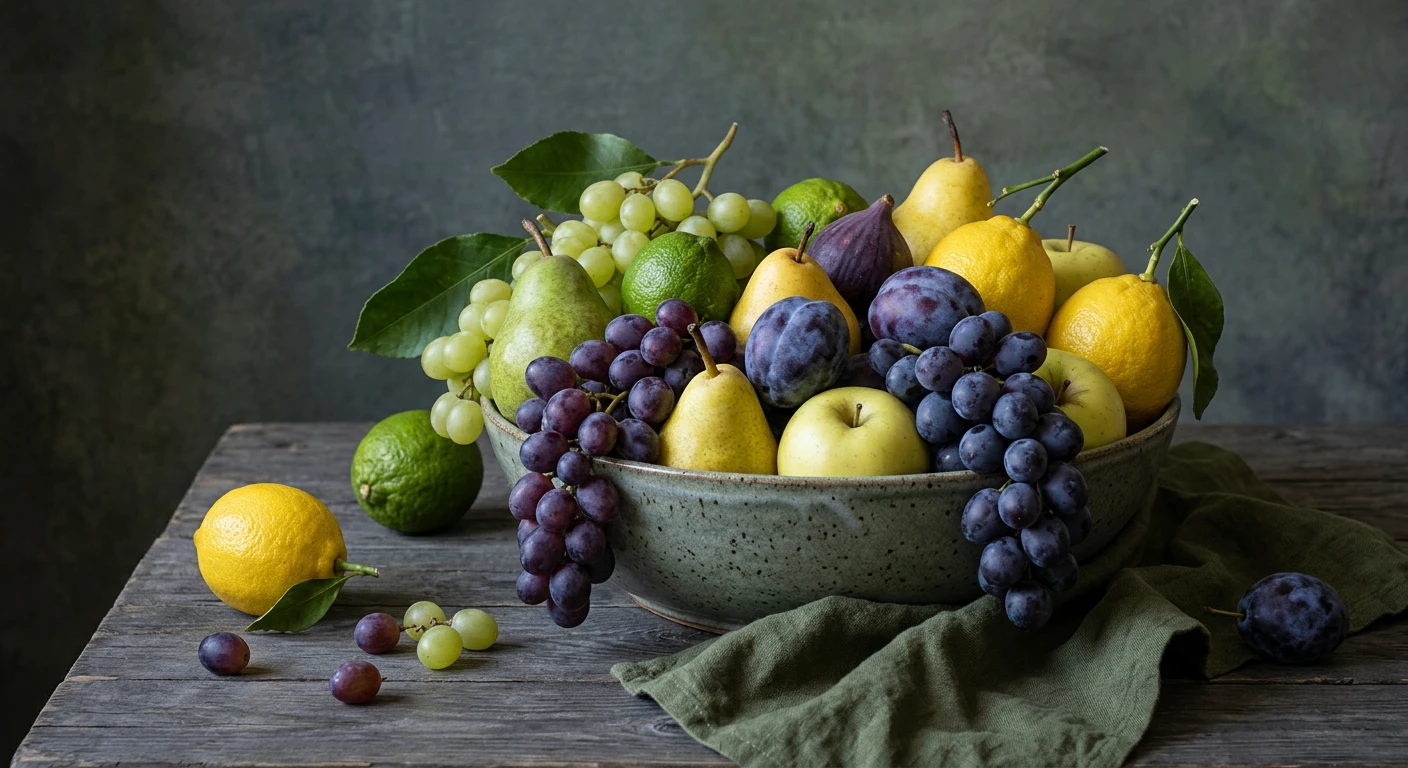 Still life of grapes, pears, and lemons in a stoneware bowl