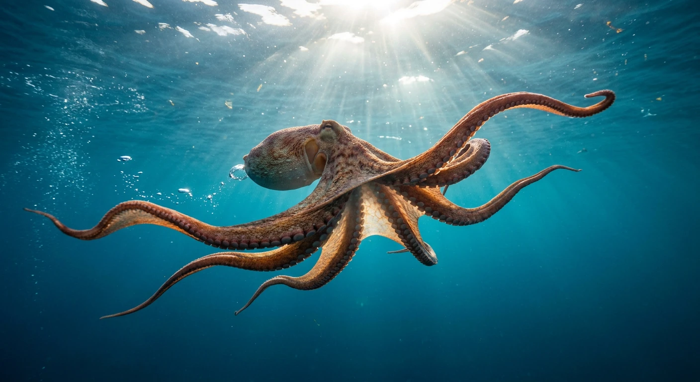 Octopus swimming beneath sunlit water