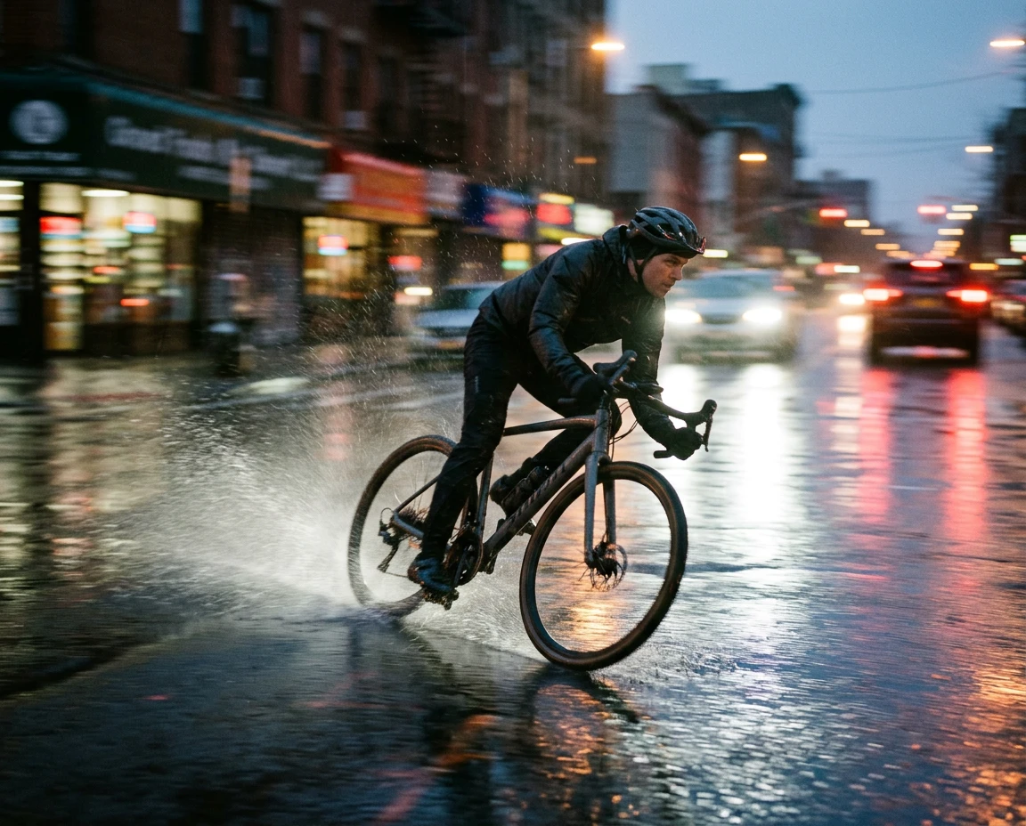 Cyclist splashing through a rain-soaked city street at dusk