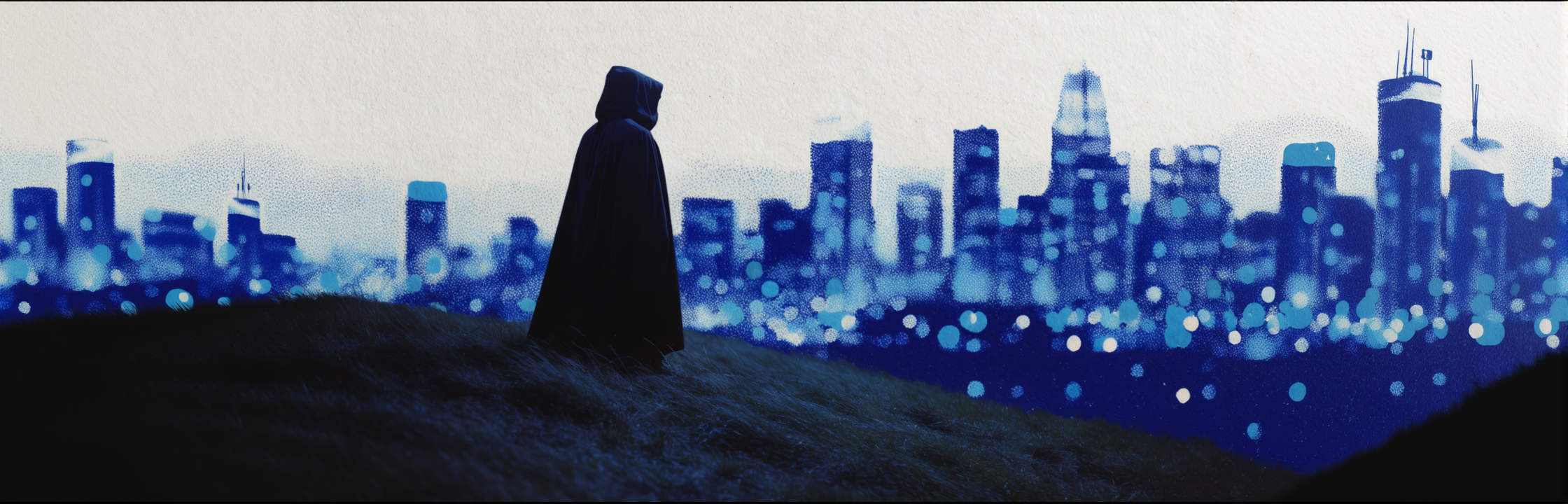 FLUX Pro Expand: Halftone city widened to a panorama