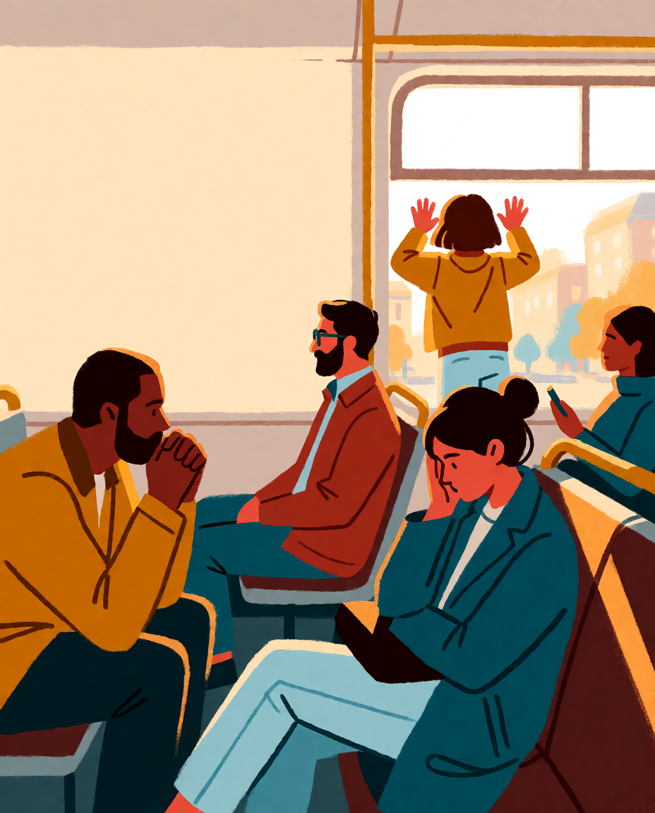 Krea 2 Medium Turbo Text-to-Image: Editorial illustration, city commute