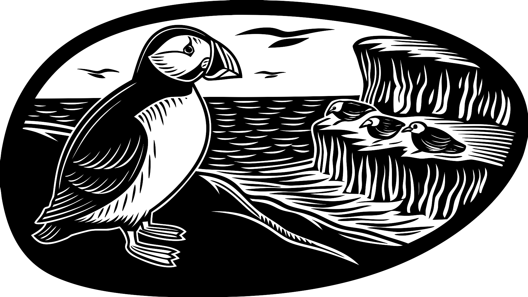 Recraft V3 Text-to-Vector: Puffin on the sea cliff, linocut