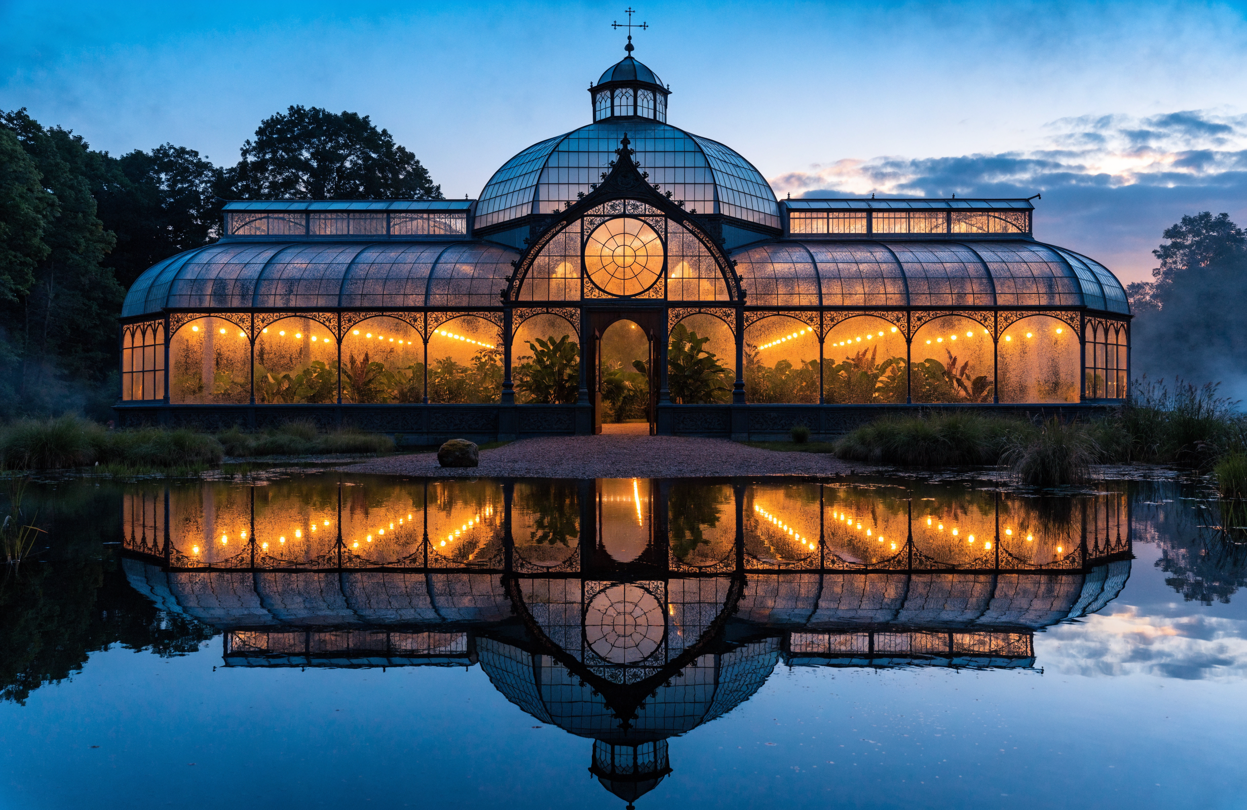 Recraft V4 Pro Text-to-Image: Glass greenhouse at blue hour