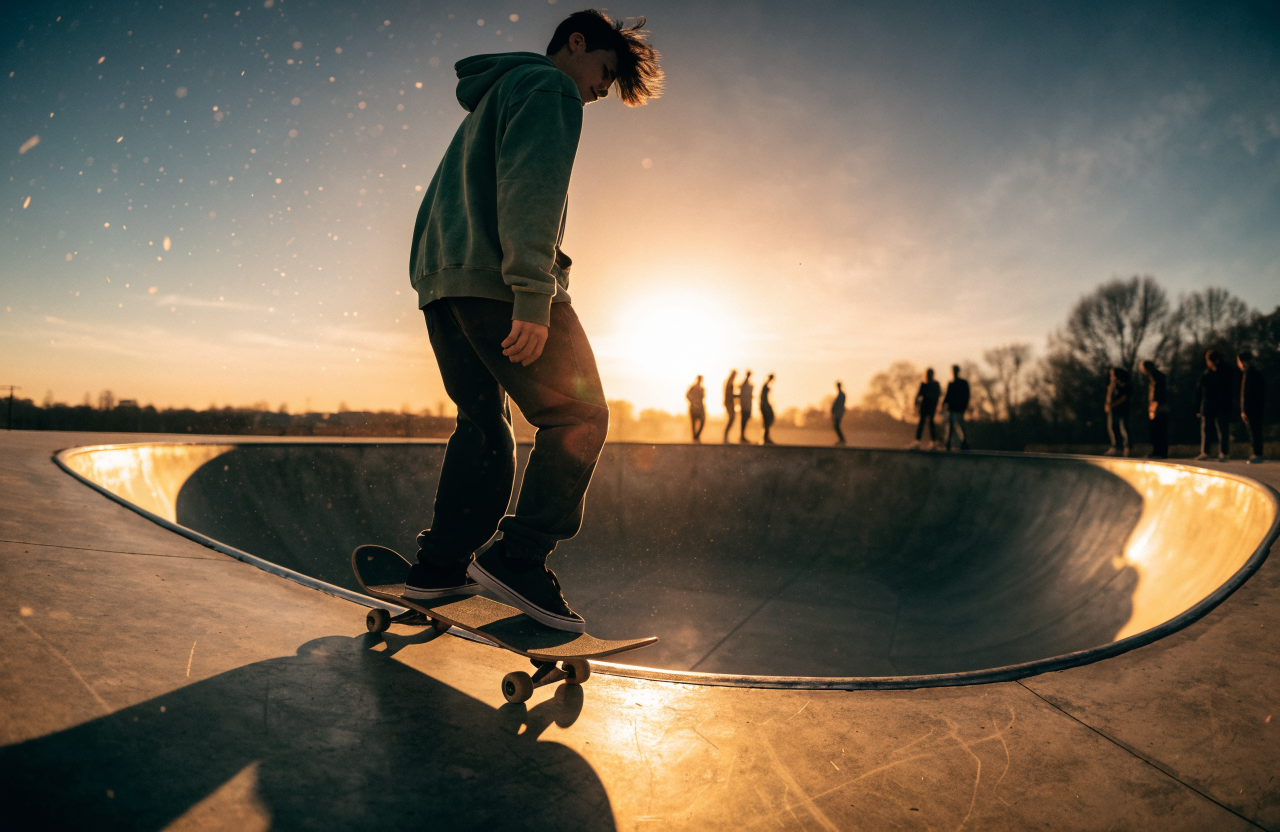 Recraft V4.1 Utility Text-to-Image: Skater at the bowl edge